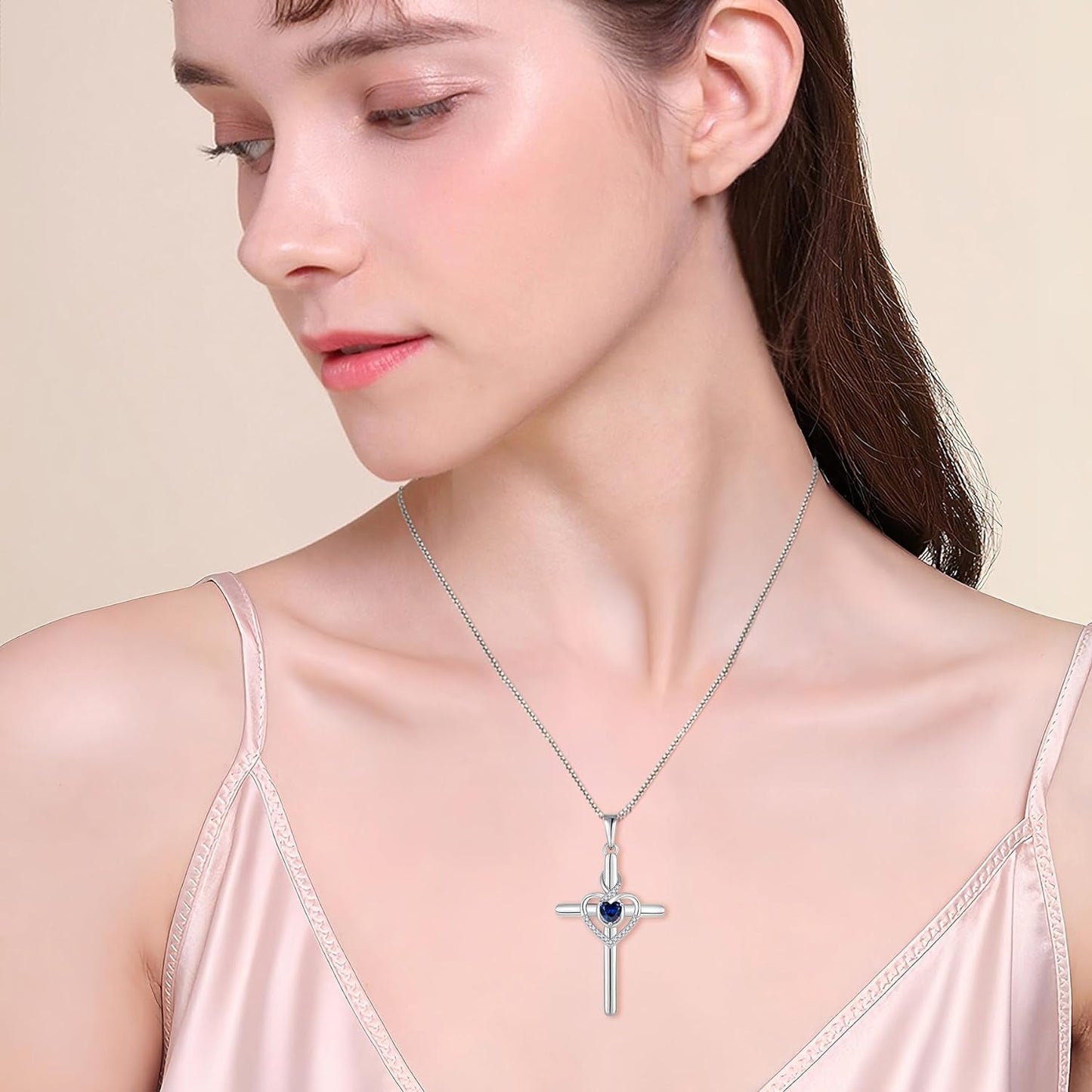 Heart Cross Necklace for Women 925 Sterling Silver Infinity Cross Pendant Birthstone Necklace Religious Jewelry Gift for Women Her Mom Wife Girlfriend Daughter