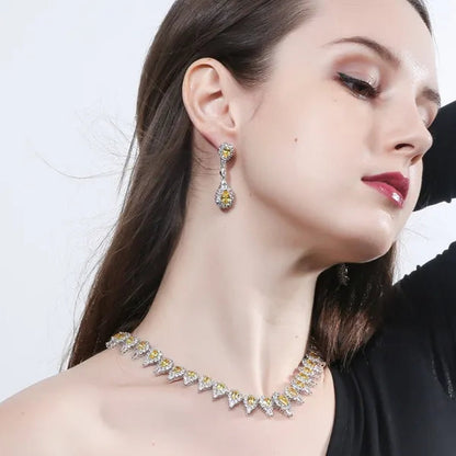CANDICE White Gold Plating Sparkling Cubic Zirconia Choker Necklace Sets With Dangle Earrings Inlay Crystal Citrine Yellow Stone Evening Party Jewelry Set for Women - WORLD TIME VISITS