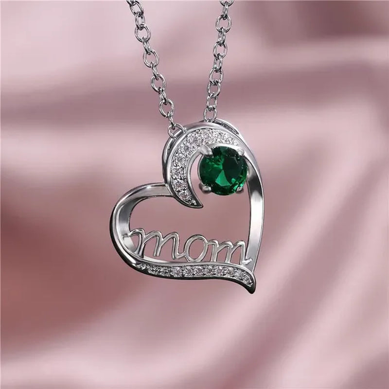 Love Mum Silver Plated Ruby MOM Character Emerald Necklace Jewelry Family Birthday Best Gift for Mother Mummy Party Wedding Band Necklace Christmas Gift - WORLD TIME VISITS