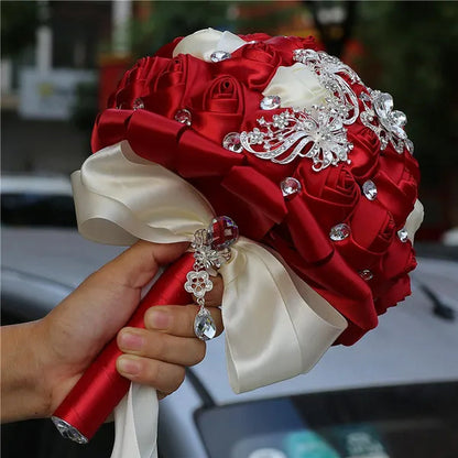 21CM Silver Rhinestone Bridal Hand Flowers Ribbon Wedding Hand Bouquet Mixed Color Silk Rose Diamond Brooch Bridesmaid Bouquet Wedding Supplies