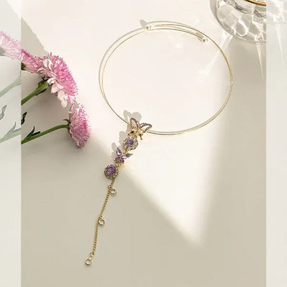 Elegant Metal Round Chain Choker Jewelry for Women Girls Fashion Purple Crystal Butterfly Necklace