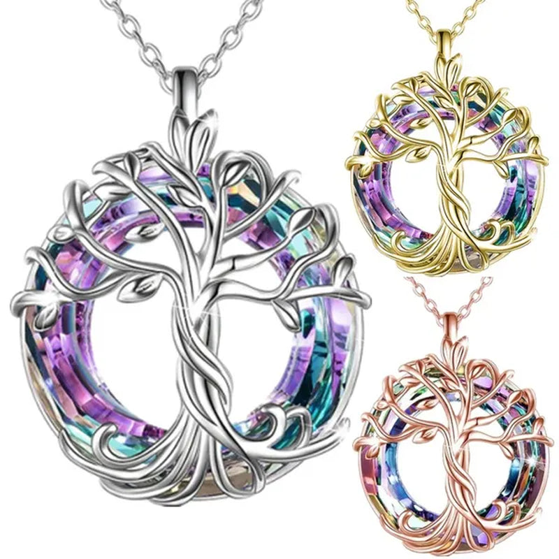 Exquisite Fashion Women'S Life Tree Necklace round Crystal Pendant Engagement Necklaces for Women Life Tree Jewelry Birthday Anniversary Gift