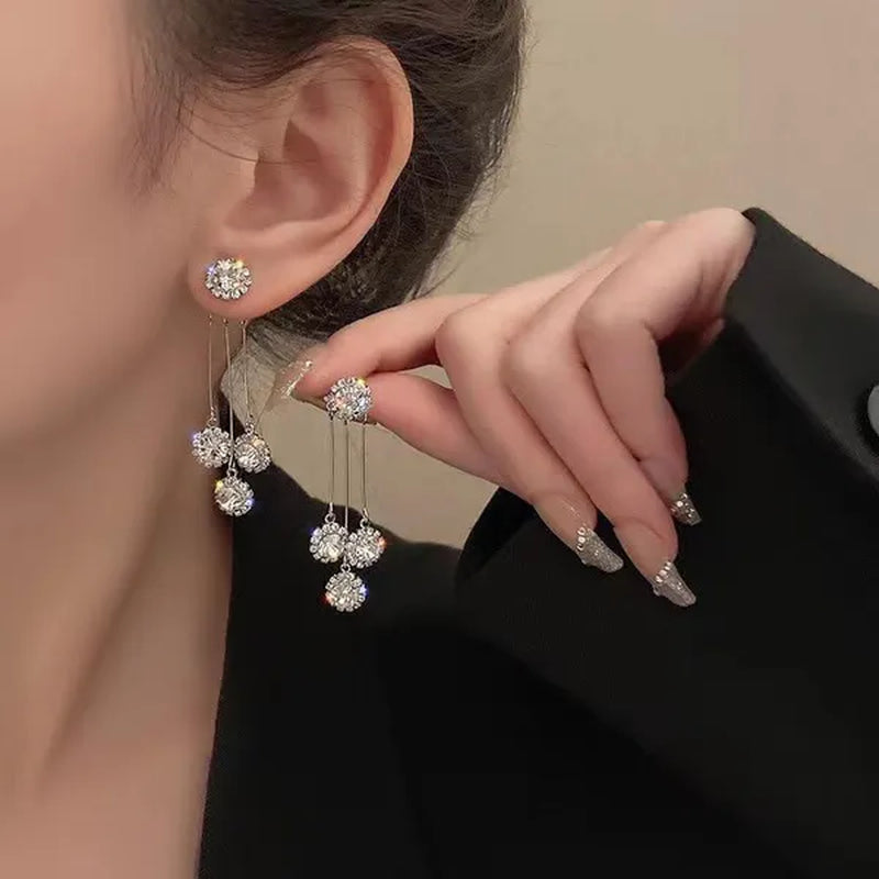 New Luxurious round Rhinestone Tassel Dangle Stud Earrings for Women Shiny Temperament Gold Silver Color Earrings