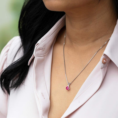 14K White Gold Created Ruby with Genuine Diamond Pendant, Elegant Solitaire, round Shape, 6.50Mm, 1.35 Carats Total