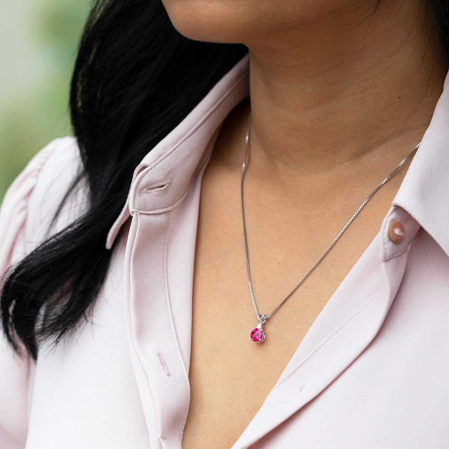 14K White Gold Created Ruby with Genuine Diamond Pendant, Elegant Solitaire, round Shape, 6.50Mm, 1.35 Carats Total, Sparkling V-Day Gift, Valentine'S Gift for Her, Wife, Sister