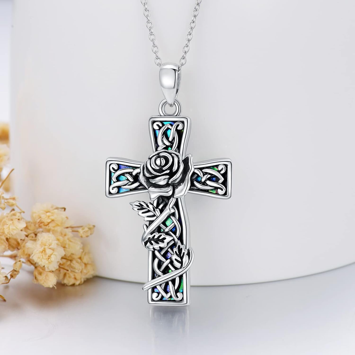 Cross Pendant Necklace with Abalone Shell, Silver Rose Flower Cross Necklace Gift for Women - WORLD TIME VISITS