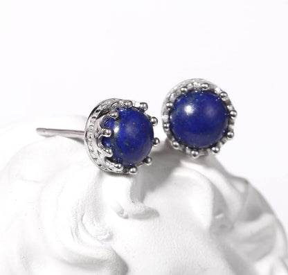 925 Sterling Silver Inlay Gemstone Earrings Crown Design Healing Crystals Studs for Woman Gift