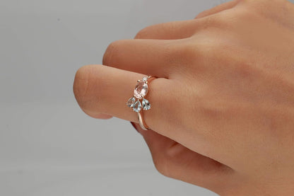 Gin and Grace 10K Rose Gold Genuine Aquamarine & Genuine Morganite Ring with Diamonds for Women Holiday Gifts | Ethically, Authentically & Organically Sourced (Oval & Pear) Shaped Aquamarine Hand-Crafted Jewelry for Her | Aquamarine Ring for Women Holiday