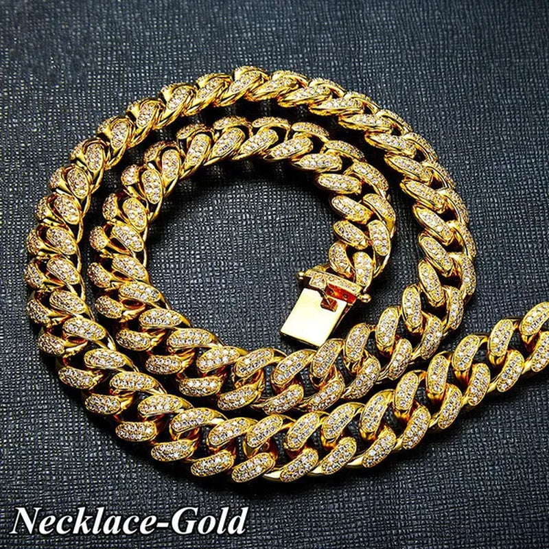 Gold/Silver Stainless Steel Hip Hop Jewelry Iced Out Rhinestone Thick Miami Cuban Link Chain Necklace Bracelet 7-28 Inch