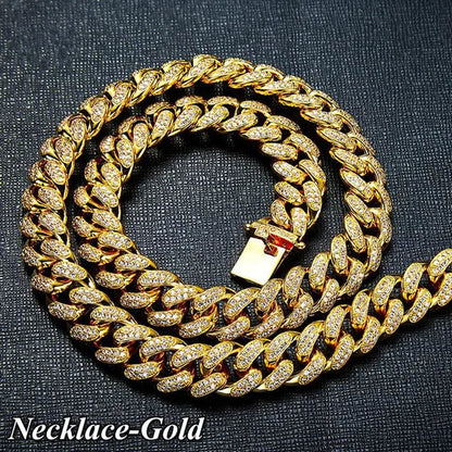 Gold/Silver Stainless Steel Hip Hop Jewelry Iced Out Rhinestone Thick Miami Cuban Link Chain Necklace Bracelet 7-28 Inch