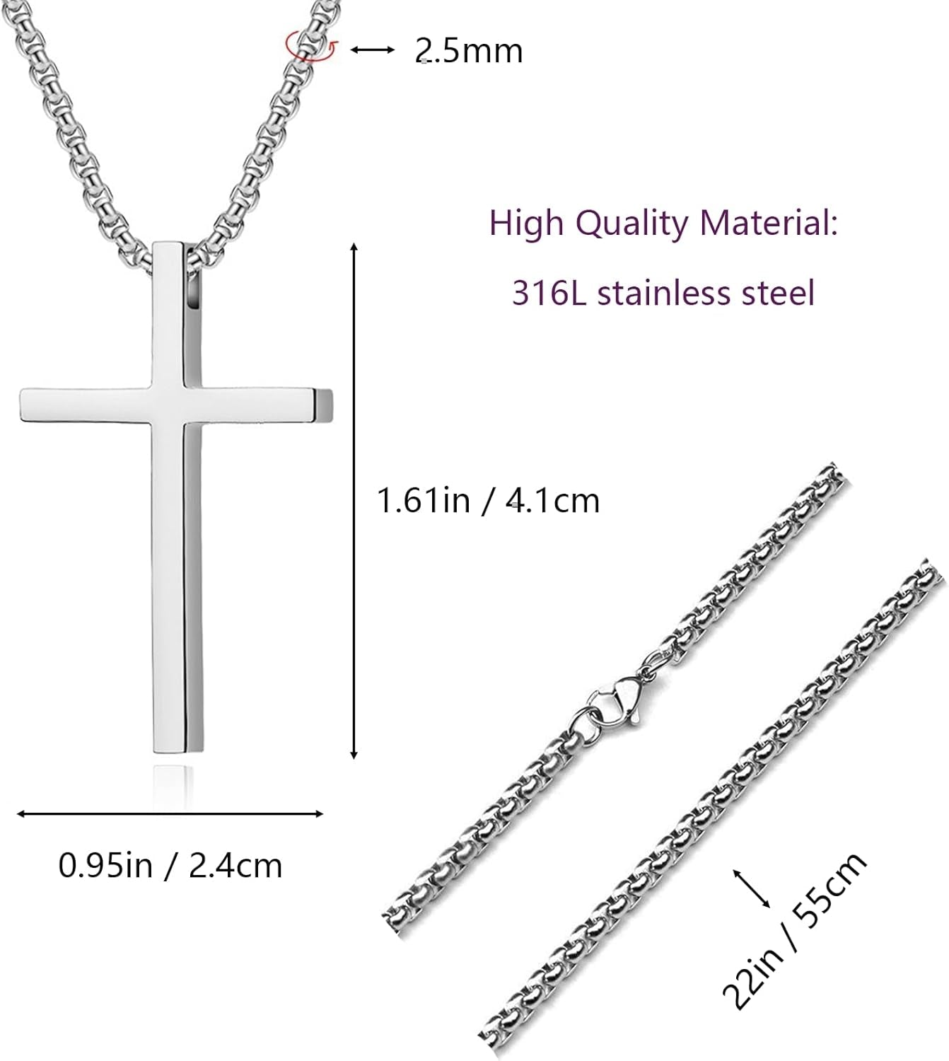 Cross Necklace for Men, Silver Cross Stainless Steel Pendant Necklace, Mens Cross Chain - WORLD TIME VISITS