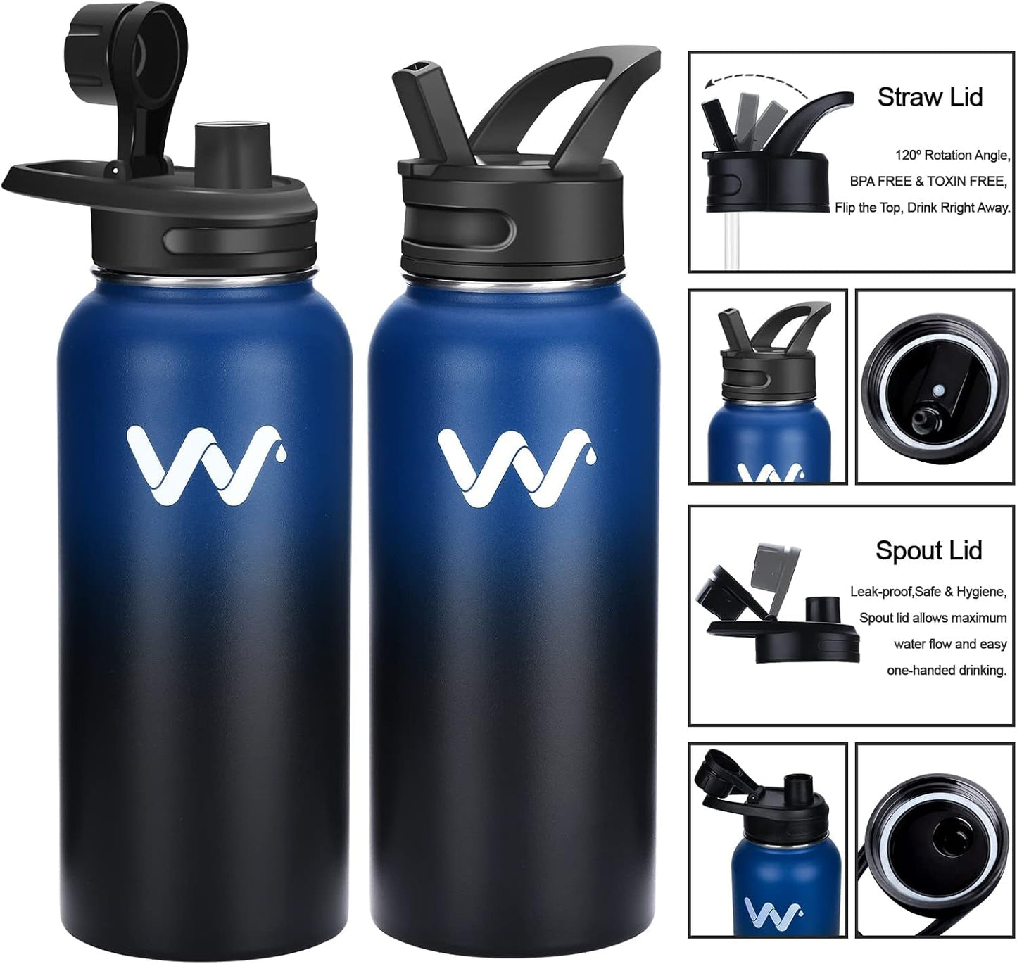 Insulated Water Bottle with Paracord Handles & Strap & Straw Lid & Spout Lid,Reusable Wide Mouth Vacuum Stainless Steel Water Bottle for Adults 24 Oz, 32 Oz, 40 Oz