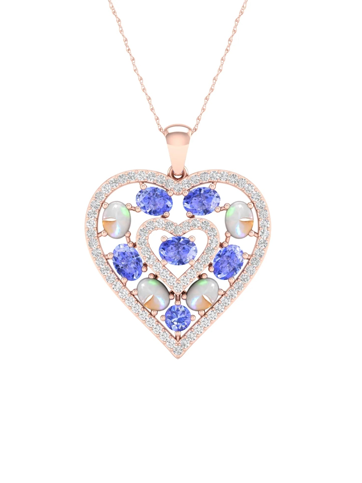Gemstone 10K Rose Gold Oval Cut Ethiopian Opal and Tanzanite 1/4 CT TW Diamond Halo Heart Pendant Necklace