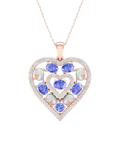 Gemstone 10K Rose Gold Oval Cut Ethiopian Opal and Tanzanite 1/4 CT TW Diamond Halo Heart Pendant Necklace