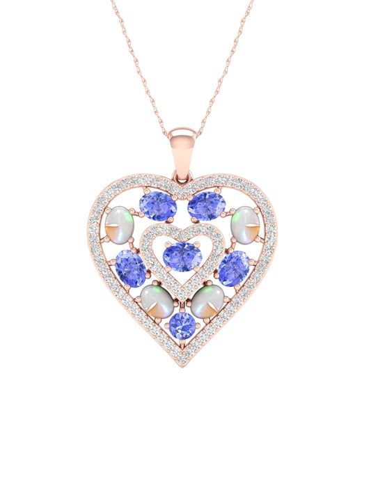 Gemstone 10K Rose Gold Oval Cut Ethiopian Opal and Tanzanite 1/4 CT TW Diamond Halo Heart Pendant Necklace