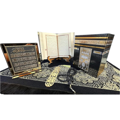 Muslim Prayer Rug, Islamic Gift Set, Velvet Full Arabic Quran, Elegant Kaaba Design Box, Ayat El Kursi Table Top, Prayer Beads, Bookmark, Janamaz, Salah Mat (KAABA) - WORLD TIME VISITS