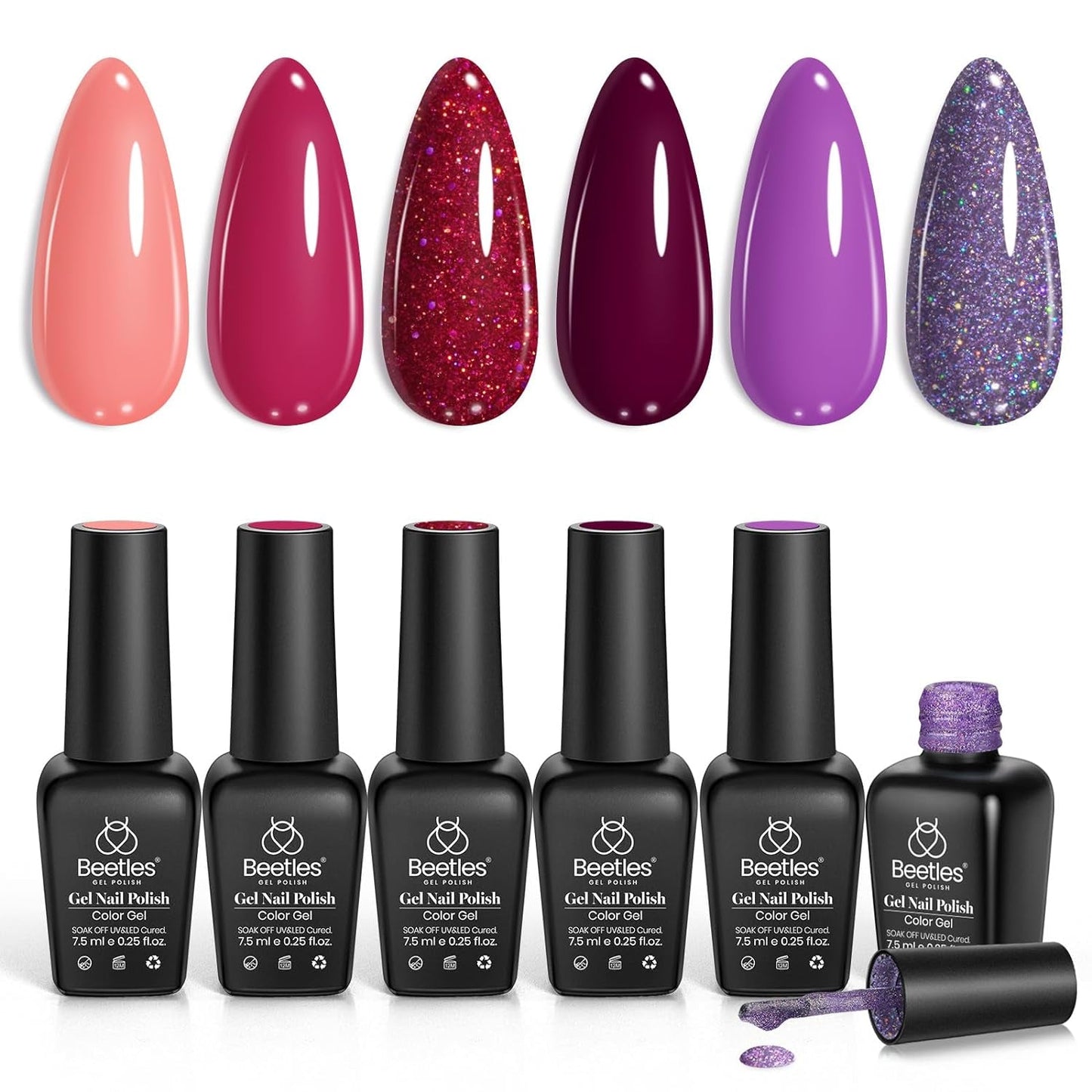 Beetles Glitter Gel Nail Polish Kit 6 Colors Purple Pink Burgundy Red Gel Nail Polish Soak off Uv LED Gel Nail Polish Kit Minicure DIY Home Gift for Girls