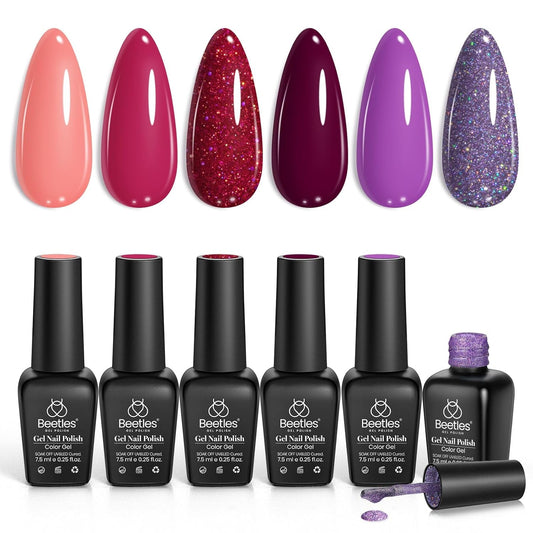 Beetles Glitter Gel Nail Polish Kit 6 Colors Purple Pink Burgundy Red Gel Nail Polish Soak off Uv LED Gel Nail Polish Kit Minicure DIY Home Gift for Girls