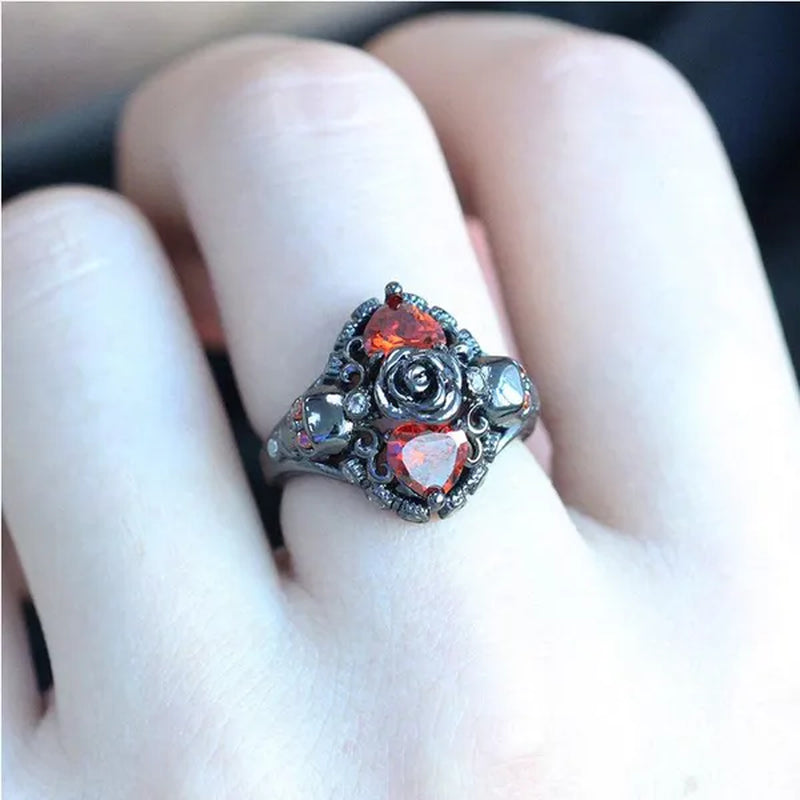 New Hip Hop Accessories Black Rose Skull Ring Female Fashion Personality Heart Red Zircon Skull Ring Creative Fashion Jewelry Punk Ring