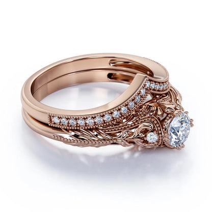 Engraved .68 Carat round Cut Real Diamond Victorian-Inspired Wedding Ring Set with Chevron Wedding Band in 10K Rose Gold