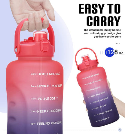 1 Gallon Water Bottles with Straw, 128 Oz / 3.8L Water Bottle BPA Free Innovative 2-IN-1 Lid Gym Bottle with Times to Drink Motivational, Large for Sports Fitness Camping Water Jug One Gallon