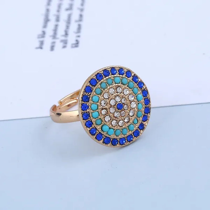 4 Pieces Set Round Turkish Blue Evil Eye Necklace Earring Bracelet Ring Fashion Rhinestone Eye Necklace Bracelet Ring Earrings Set for Women Jewelry