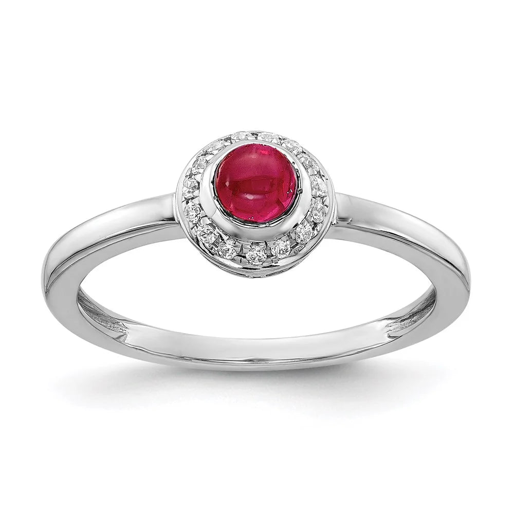 Real 14Kt White Gold Diamond and Cabochon Ruby Ring Size: 7; for Adults and Teens; for Women and Men