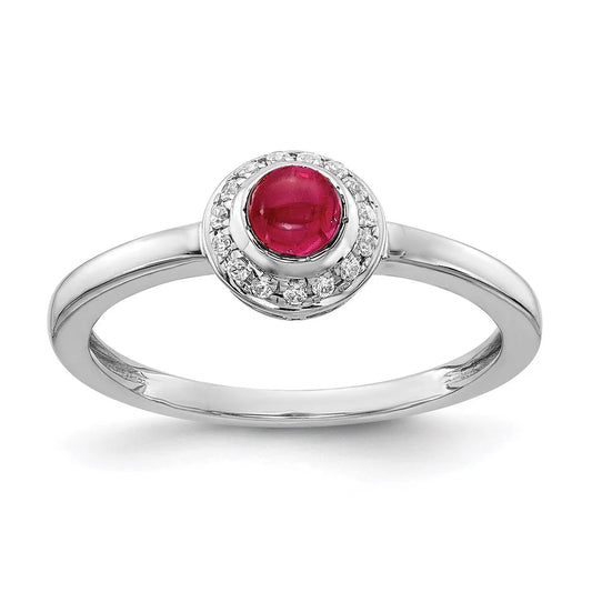 Real 14Kt White Gold Diamond and Cabochon Ruby Ring Size: 7; for Adults and Teens; for Women and Men