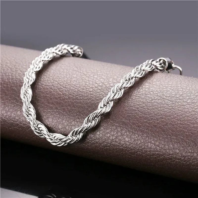 Cool Men Rope Chain Bracelet 6MM 8.3 Inches - 3 Colors Black, Silver, Gold