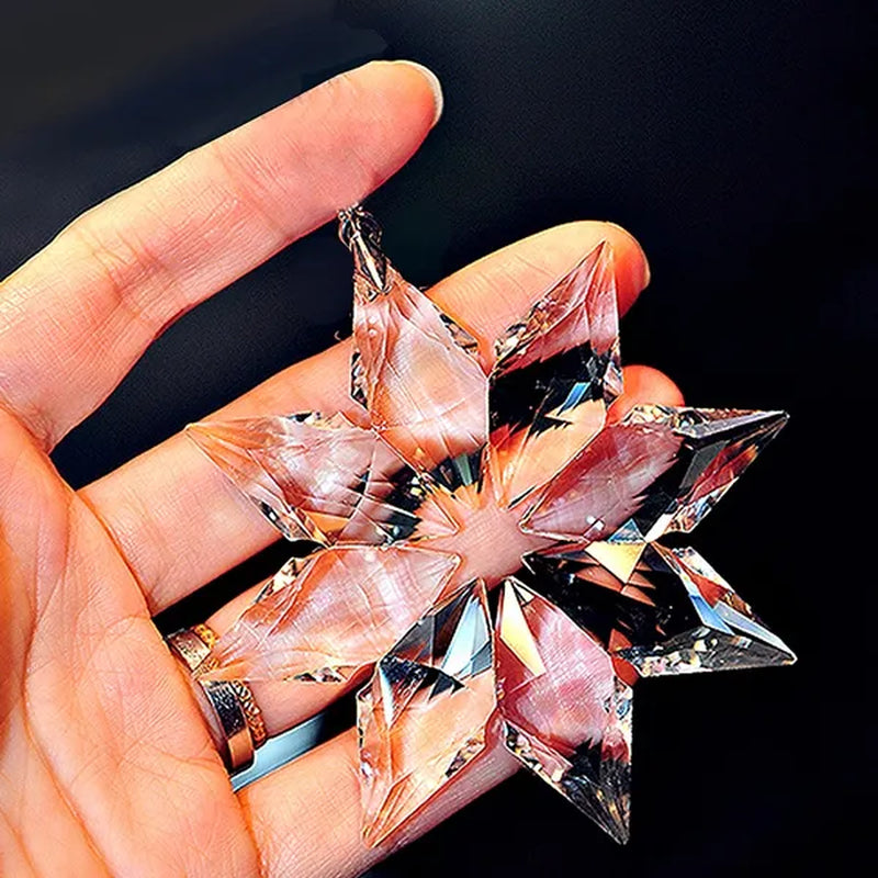 H&D Set of 4 Crystal Snowflake Pendant Star Shaped Unique Pattern Ornaments with Gift Box Home Window Christmas Tree Decoration