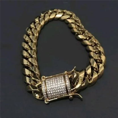 Men's Fashion 24K Gold/925 Silver Plated Solid 316L Stainless Steel Jewelry Shiny Diamond 1/2PCS Necklace Bracelet Miami Cuban Link Chain for Men 8/20/22/24/28/35inch