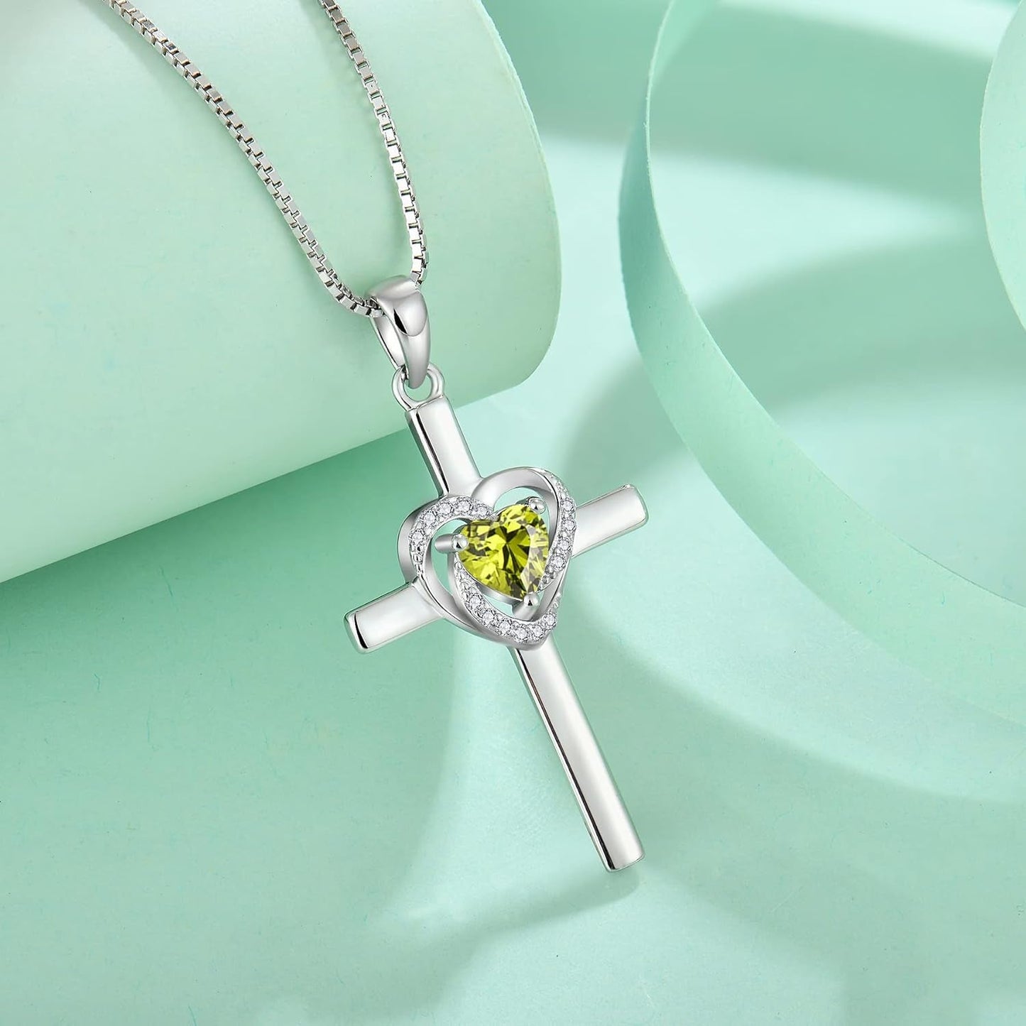 Cross Necklace for Women 925 Sterling Silver Heart Cross Necklace Birthstone Created Gemstone Pendant Jewelry Gifts for Women
