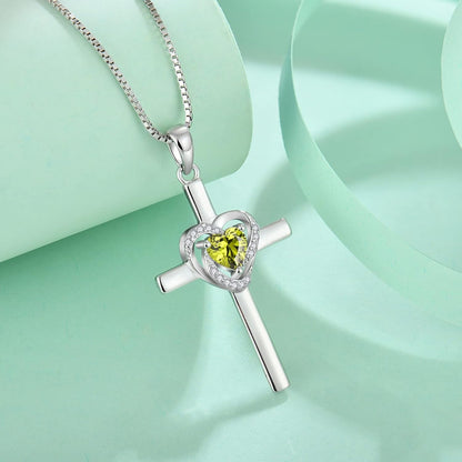 Cross Necklace for Women 925 Sterling Silver Heart Cross Necklace Birthstone Created Gemstone Pendant Jewelry Gifts for Women