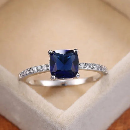 1Pcs Simple Style Micro-inlaid Zircon Sapphire Color Treasure Square Diamond Ring For Women Jewelry Gift