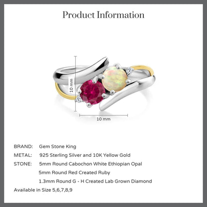 925 Sterling Silver & 10K Yellow Gold round Cabochon White Ethiopian Opal Red Created Ruby & Lab Grown Diamond Women Ring (1.32 Cttw, Available in Size 5, 6, 7, 8, 9)