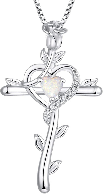 Rose Cross Necklace 925 Sterling Silver Heart Crucifix Pendant Birthstones Jewelry for Women - WORLD TIME VISITS