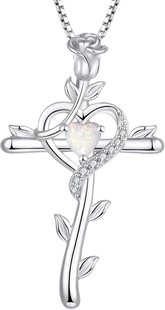 Rose Cross Necklace 925 Sterling Silver Heart Crucifix Pendant Birthstones Jewelry for Women - WORLD TIME VISITS
