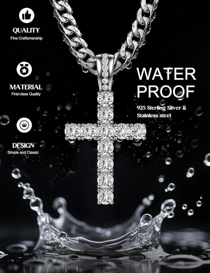 925 Sterling Silver Cross Necklace Men - CZ Cross Pendant Layered Necklaces Waterproof Stainless Steel Cuban Link Rope Chain Silver Necklace Stack Jewelry with Gift Box 16-30 Inches