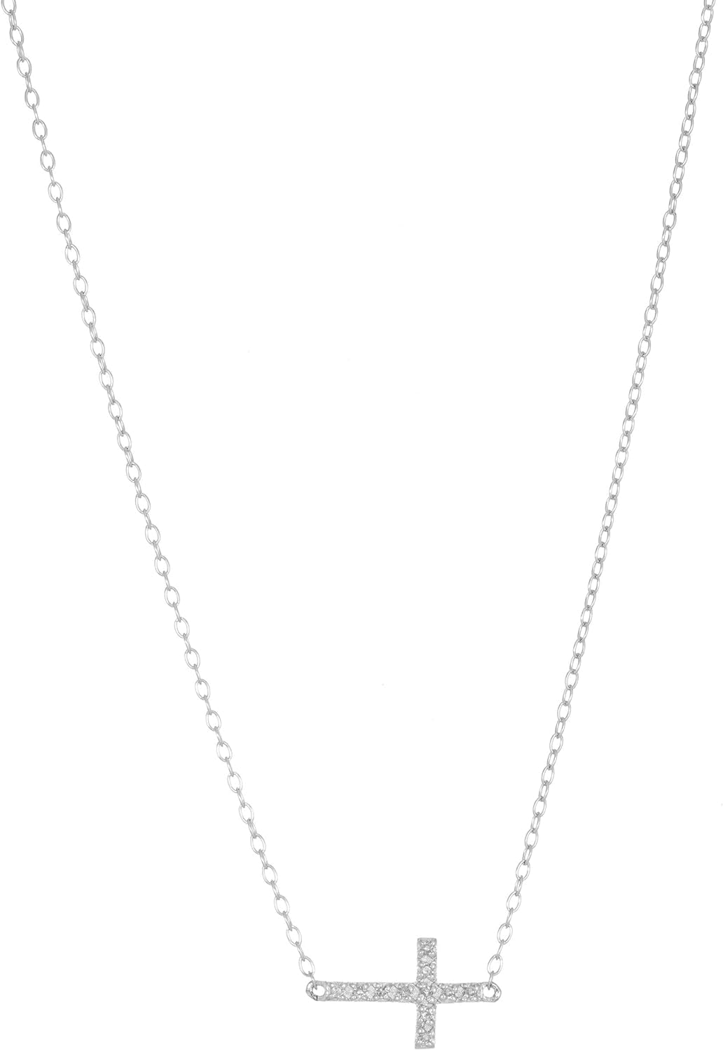 0.055 Carat Diamond Side Cross Pendant Necklace for Women in 925 Sterling Silver on 18 Inch Chain with Spring Ring