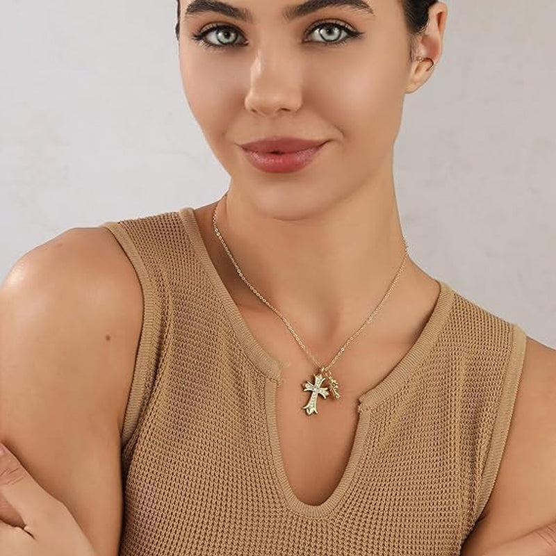 Cross Necklace 14K Gold Plated/Sterling Silver Double Cross Pendant Cz,Cubic Zirconia Cross Necklaces for Women Men Jewelry Birthday Gifts
