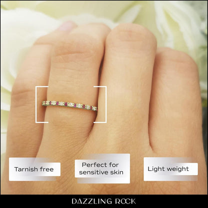 Alternate round Ruby & White Diamond Wedding Stackable Band for Women in Solid Gold - WORLD TIME VISITS