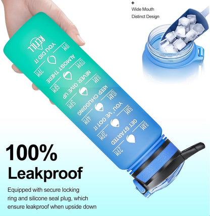 32/24 Oz Water Bottles with Removable Straw & Time Marker, Motivational Sports Bottles with BPA Free Tritan Material, Leakproof Water Jug for Fitness