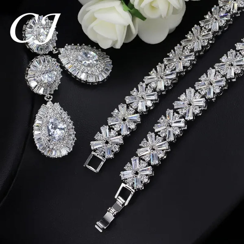 CANDICE Twinkling CZ Stone Setting Luxury Water Drop Pendant Necklace and Earrings Elegant White Gold Plating Jewelry Wedding Set Bridal Accessories for Bride