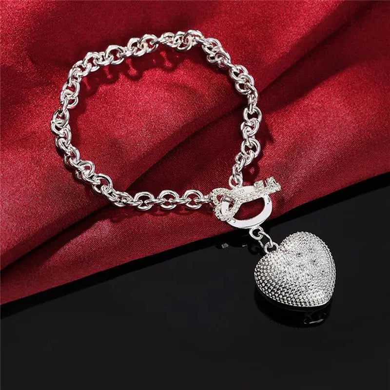 925 Sterling Silver Cute Crystal Heart Pendant Bracelet Necklace Set for Woman Wedding Engagement Party Charm Jewelry Gift