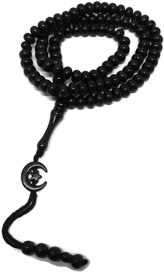 Islam Prayer Tasbih 99 Beads AMN-303 Muslim 8 Mm. Rosary Bead Moon Star Decorated Tassels Haj Eid Ramadan Gift (Black)