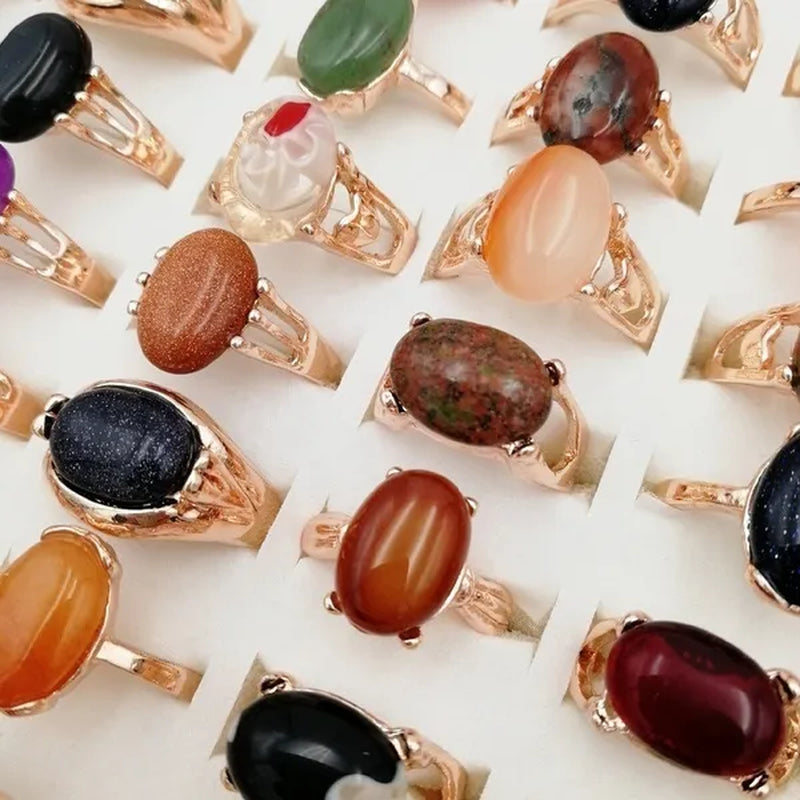 Mixed Wholesale 20Pcs/Gold-plated Natural Gem Ring Printing Rose-gold Women's Jewelry
