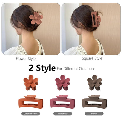 6 Pack 4.1 Inche Large Rectangle Hair Claw Clips Matte Flower Hair Clips, for Women Thin Thick Curly Hair, Cute Orange，Wine Red，Brown Hair Clips