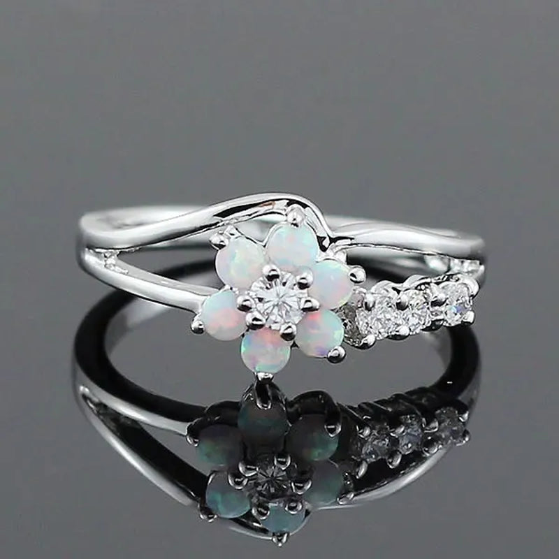 Delysia King Exquisite round cut white fire Australian gemstone flower ladies opal ring diamond jewelry birthday gift bridal engagement party ring size 6-10