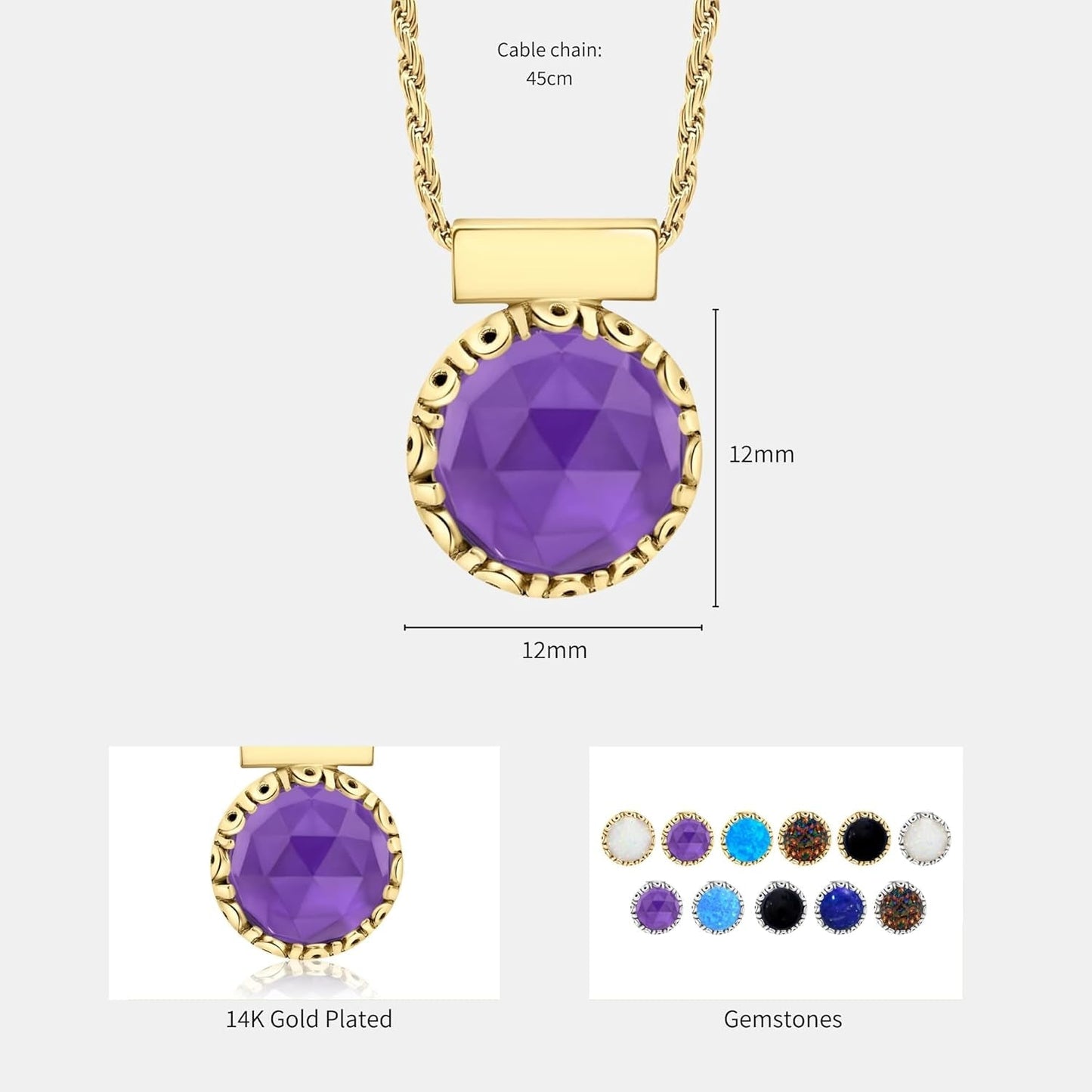 14K Gold Plated Amethyst Necklace for Women - 12Mm round Amethyst Pendant Necklace - Gold Plated 45Cm Cable Chain - February Birthstone Necklace - Amethyst Jewelry Perfect Gift for Her