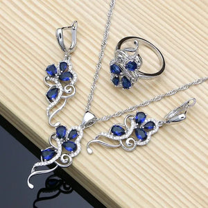 Blue Sapphire Silver 925 Jewelry Set White Topaz Charm for Women Stones Leaves Earrings Rings Bracelet Necklace Set